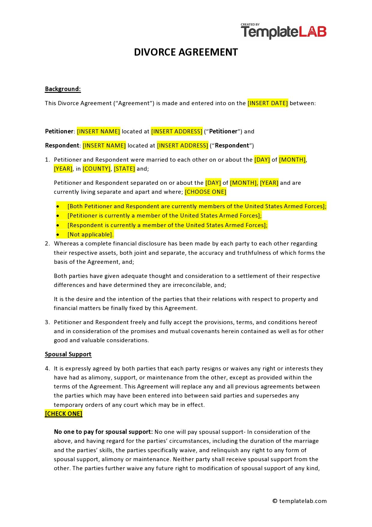 Divorce Agreement Template Canada