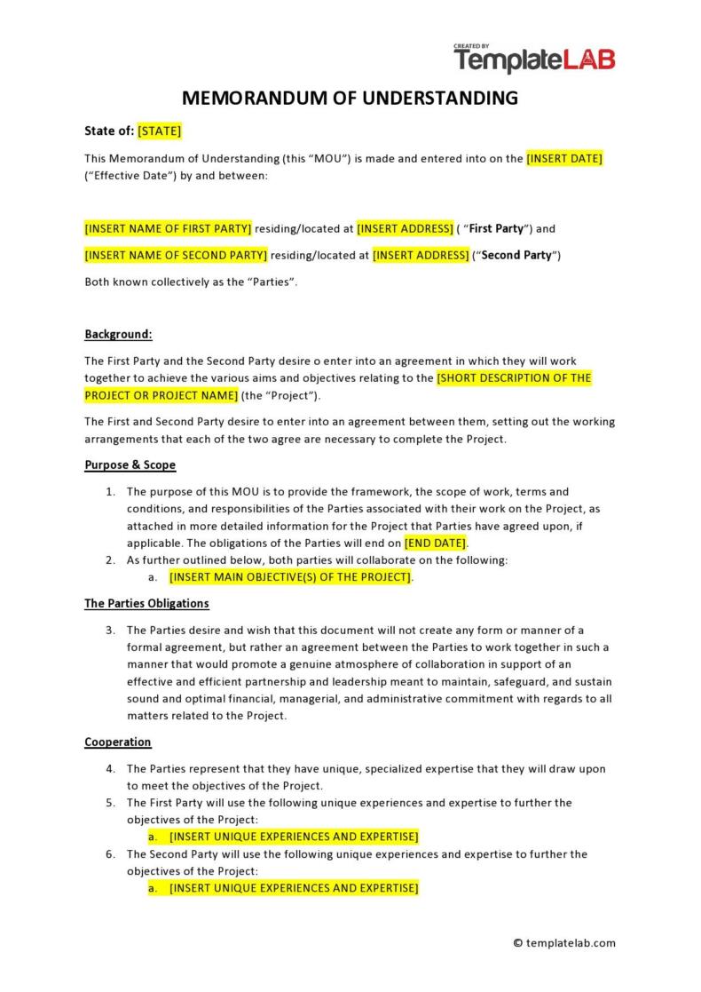 Memorandum Of Understanding Templates