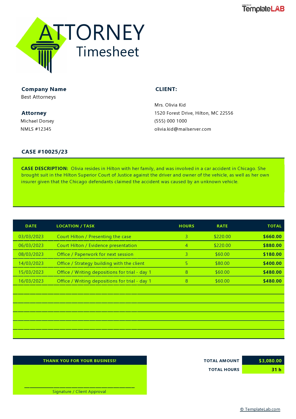 Free Attorney Timesheet Template