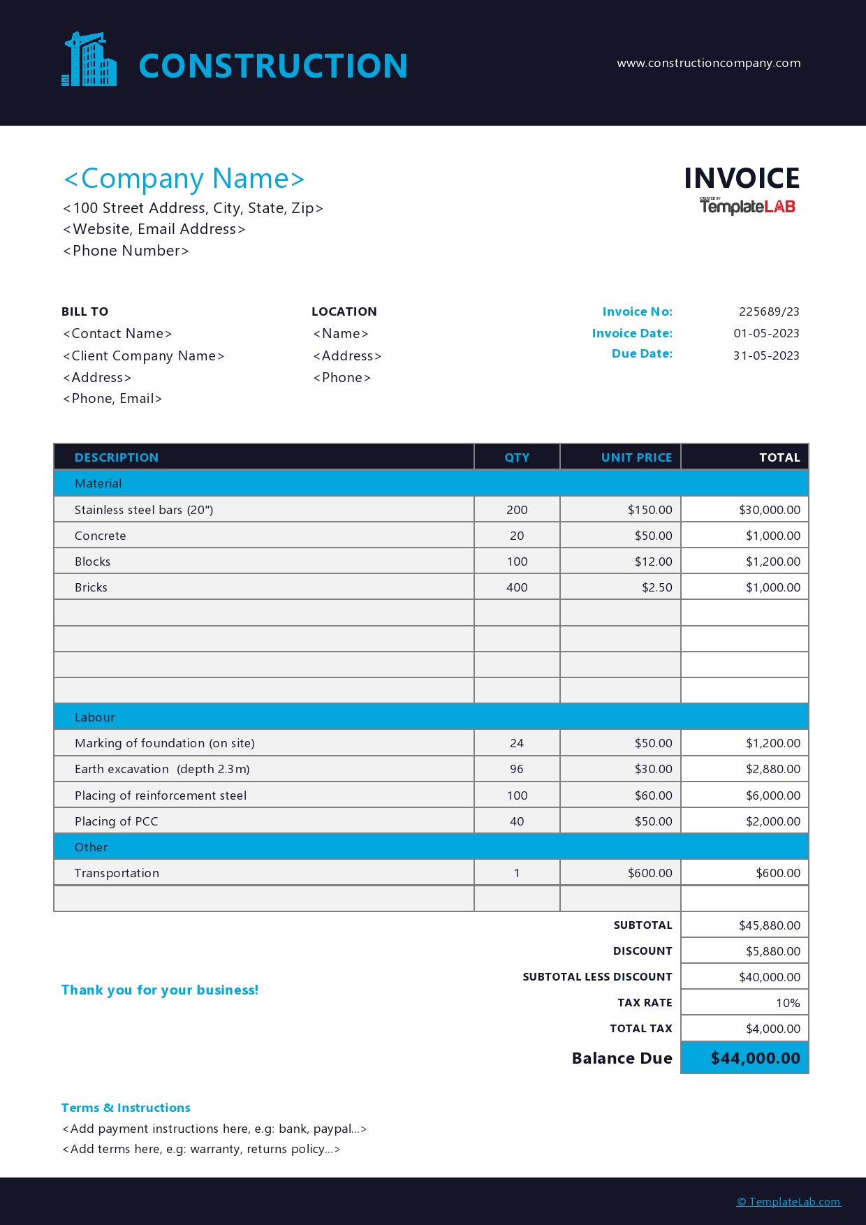 Free Construction Invoice Template