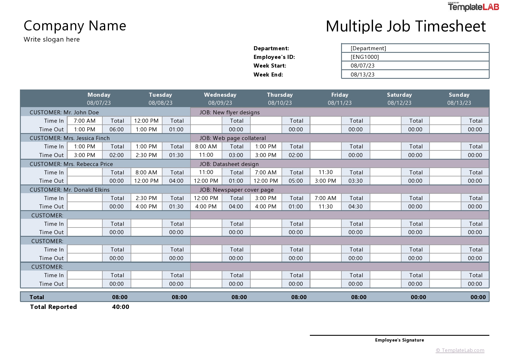 Free Multiple Job Timesheet Template