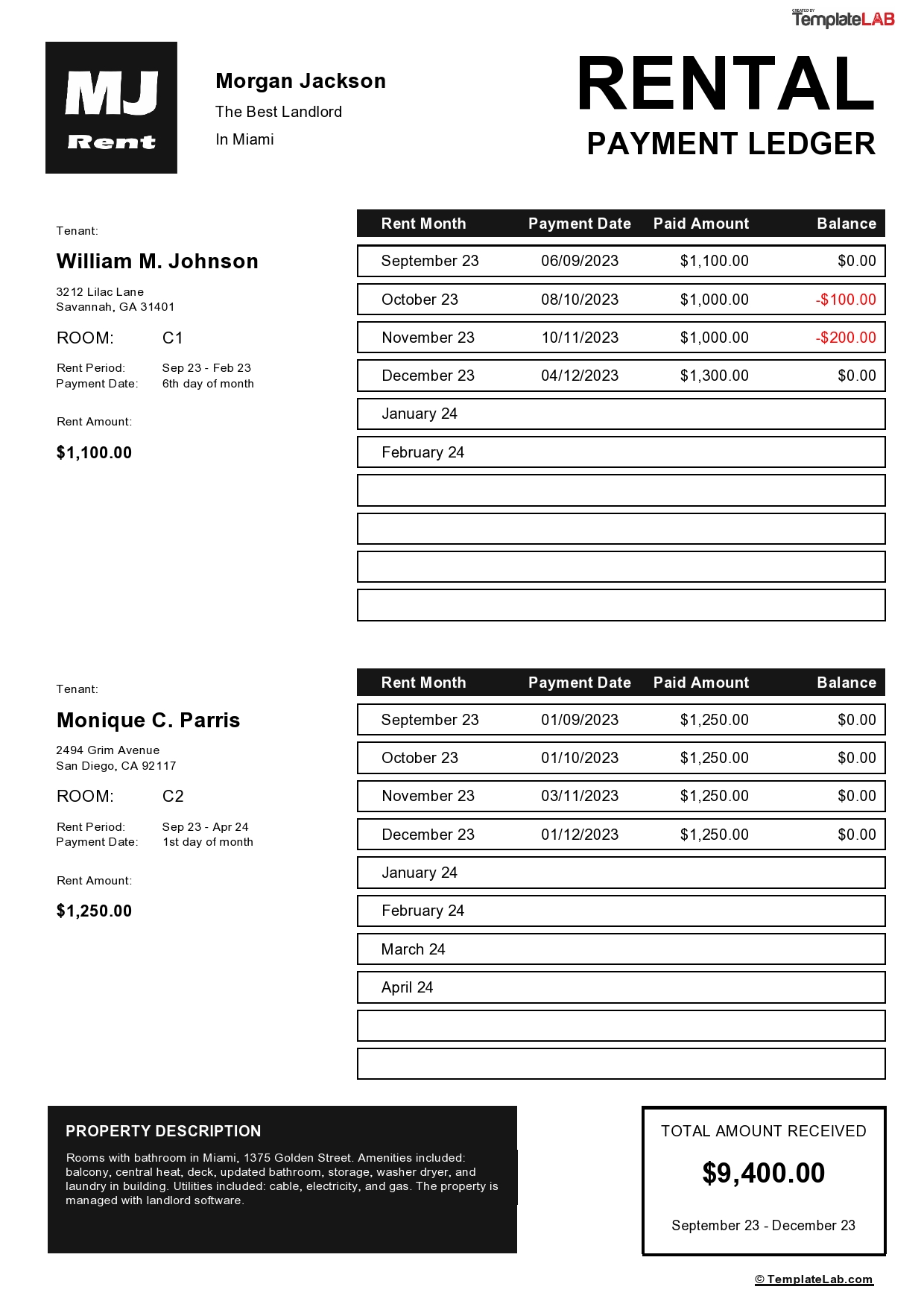 Free Landlord Rental Payment Ledger Template