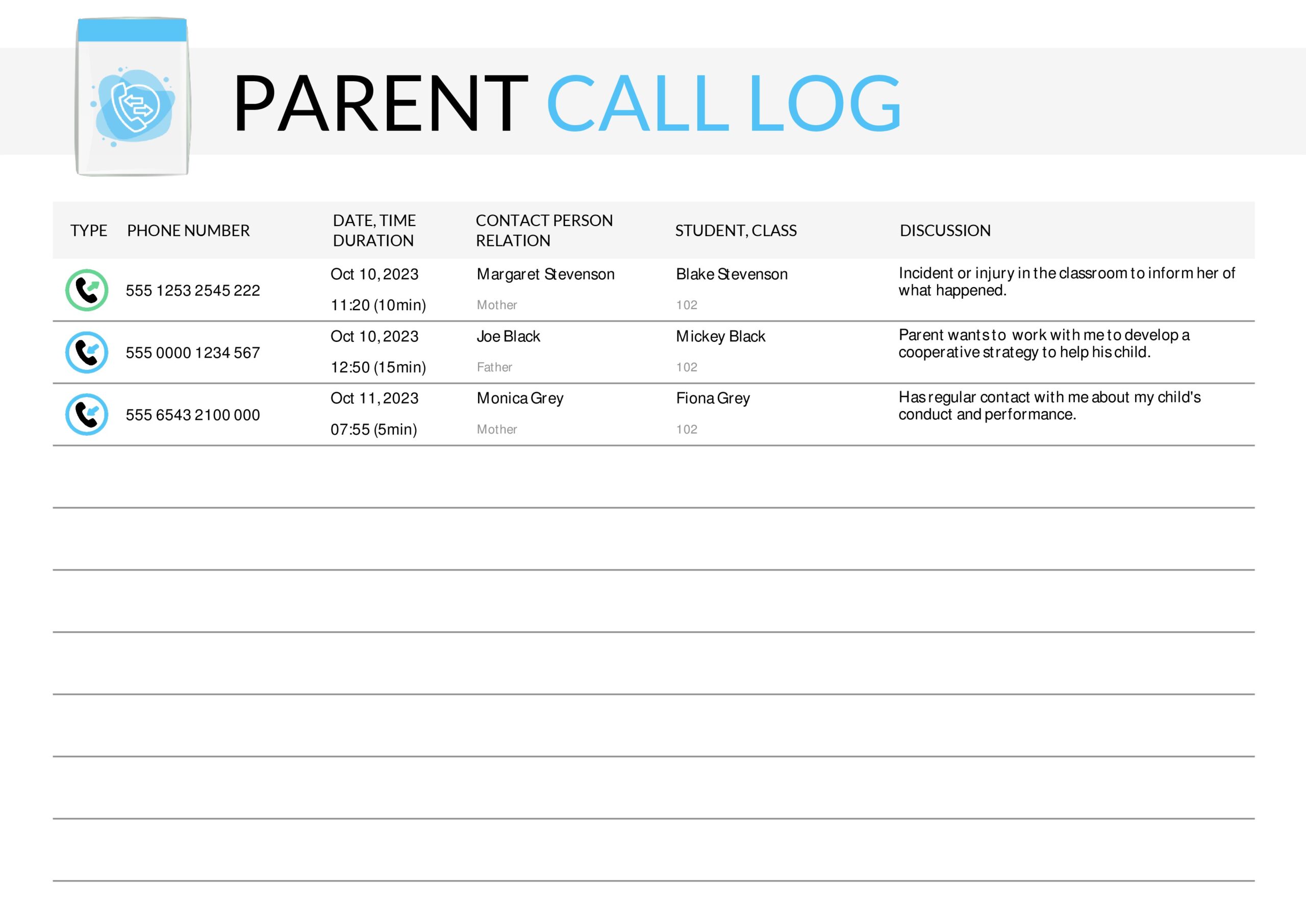 Free Parent Call Log Template