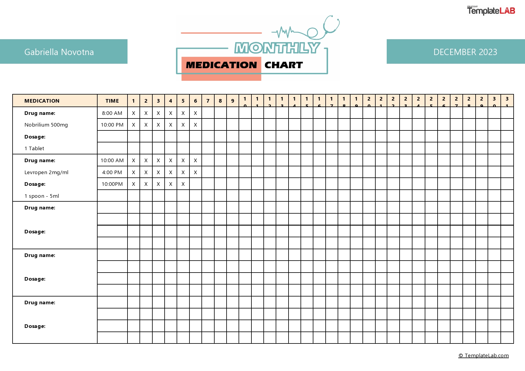 Free Monthly Medication Chart Template