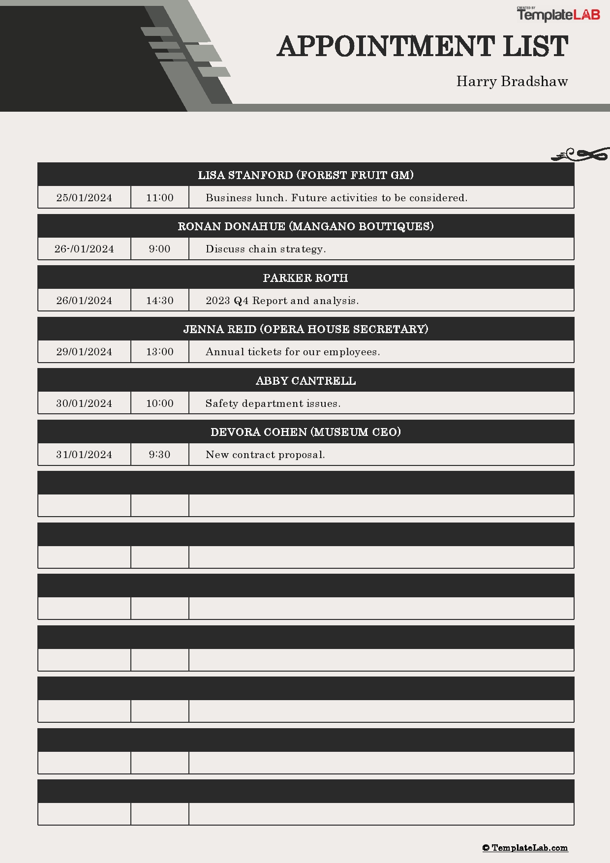 Free Appointment List Template
