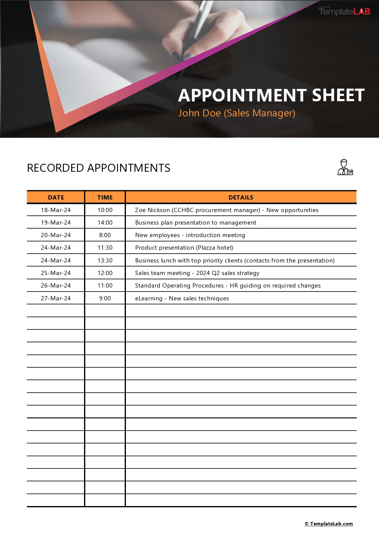 Free Appointment Sheet Template