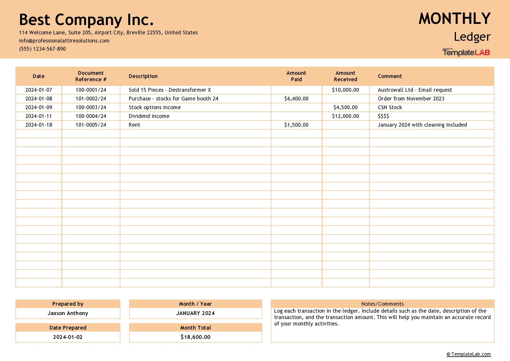 Free Monthly Ledger Template