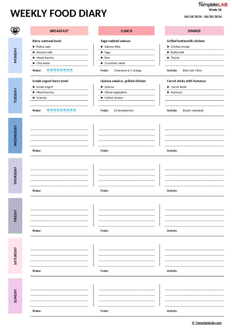 Food Diary Templates