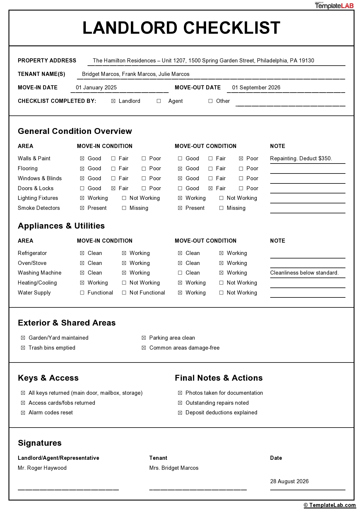 Free Movein Moveout Checklist Landlordtenant Word Pdf Eforms